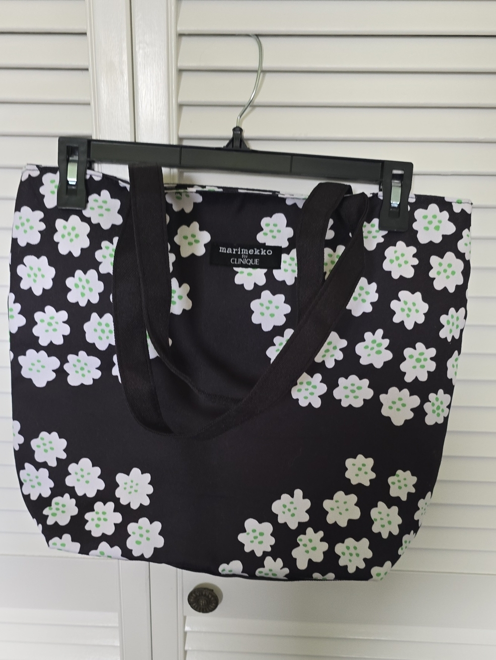 Marimekko Black Tote with White Floral Print and Green Accents
